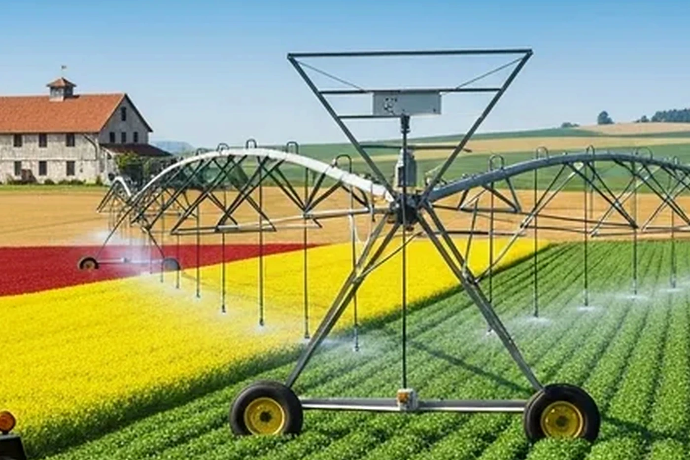 Bewässerungssystem über unterschiedlichen landwirtschaftlichen Flächen als Symbol für internationale Betriebsmodelle